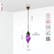 Size and specs of Moroccan Style Antique Brass and Purple Glass Oriental Ceiling Pendant Light E27 | TEKLED 158-195583