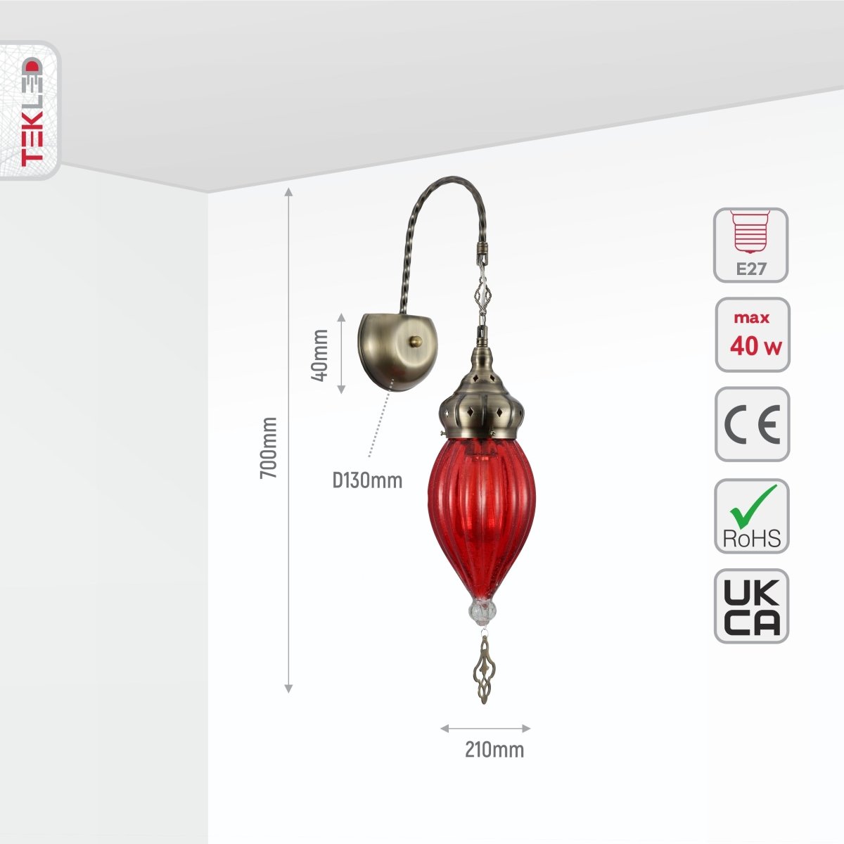 Size and specs of Moroccan Style Antique Brass and Red Glass Oriental Wall Light E27 | TEKLED 151-19458