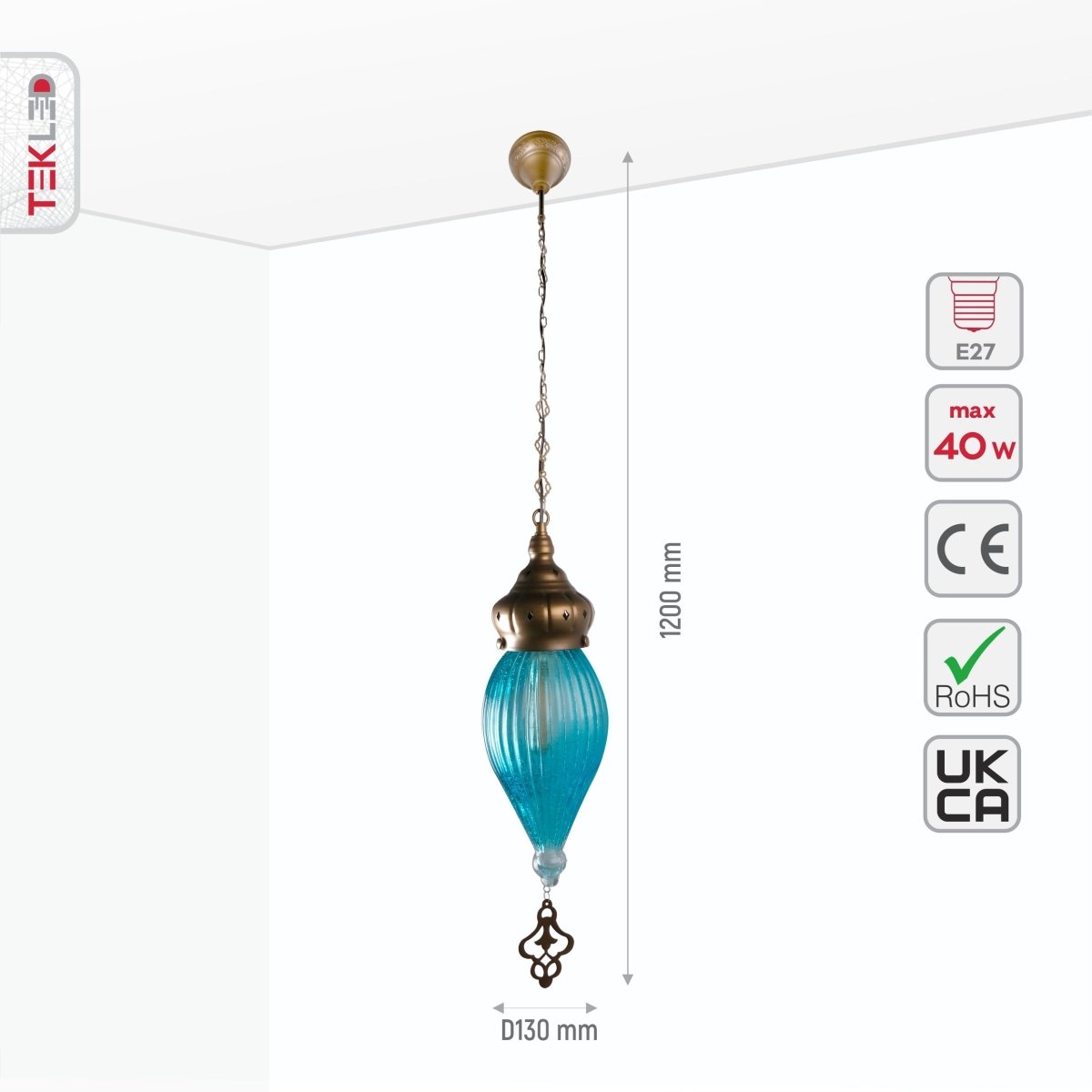 Size and specs of Moroccan Style Antique Brass and Blue Glass Pendant Light E27 | TEKLED 158-195581