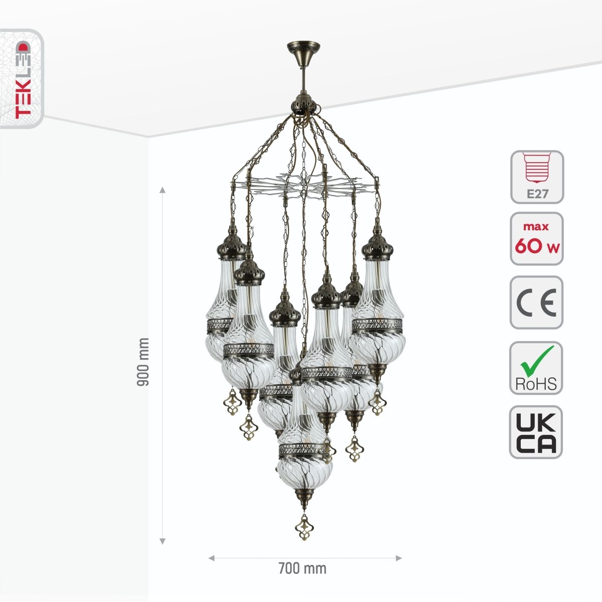 Size and specs of Moroccan Style Antique Brass and Clear Glass Chandelier with 7xE27 | TEKLED 158-19557