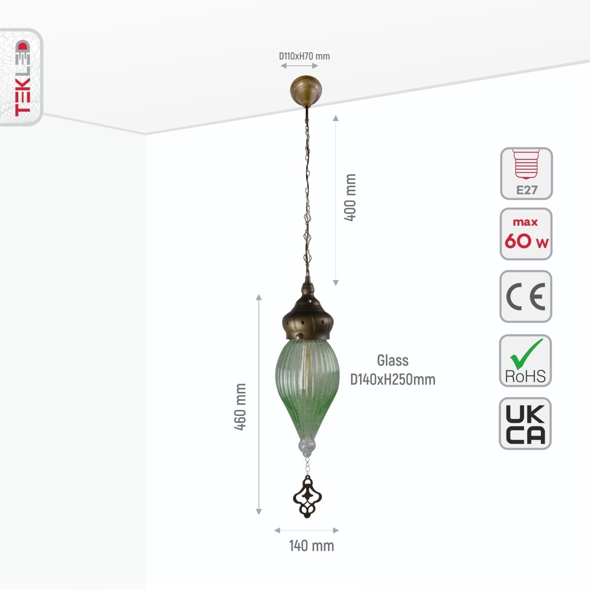 Size and specs of Moroccan Style Antique Brass and Green Glass Pendant Light E27 | TEKLED 158-195580