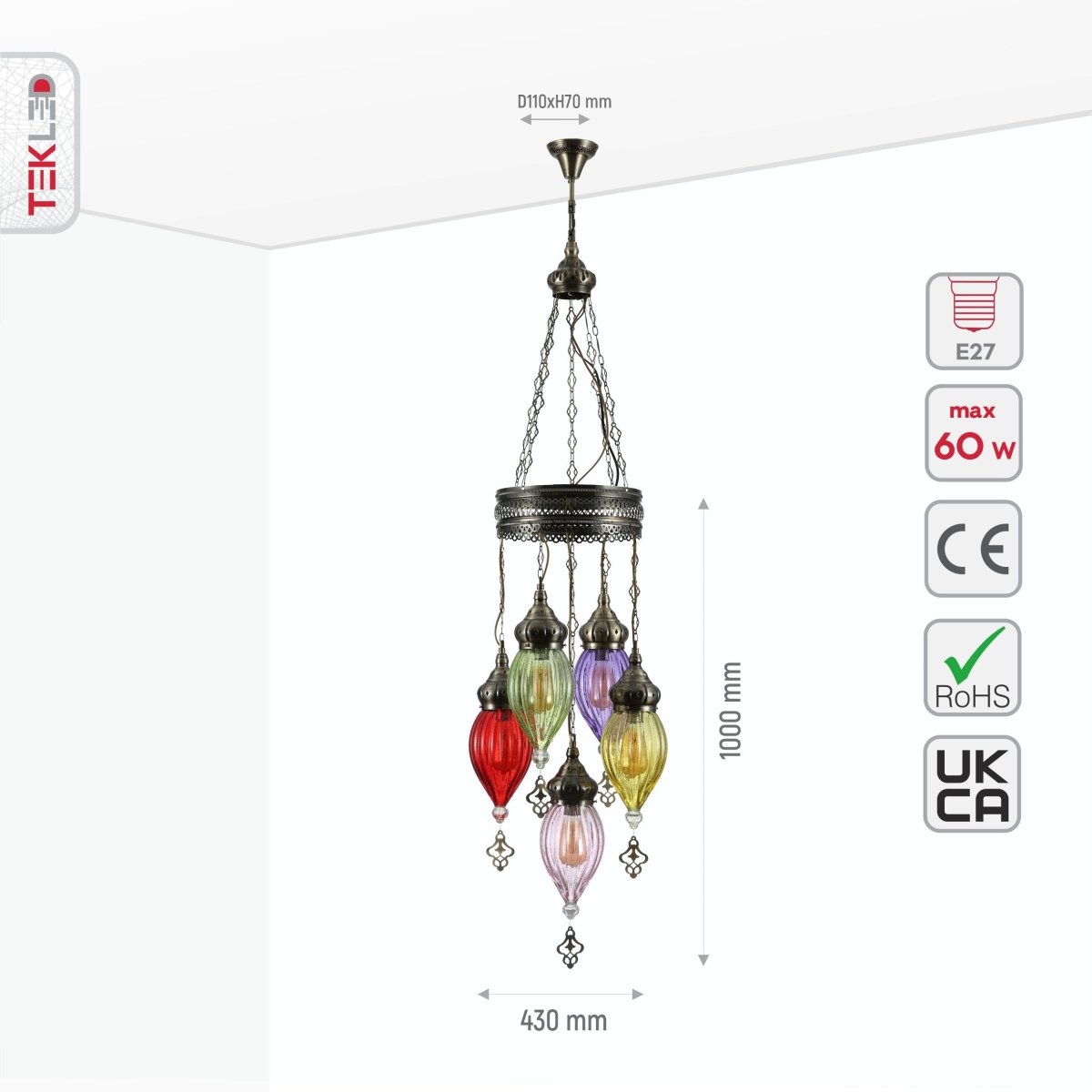 Size and specs of Moroccan Style Antique Brass and Multi Colour Glass Chandelier Pendant Light 5xE27 | TEKLED 158-19560