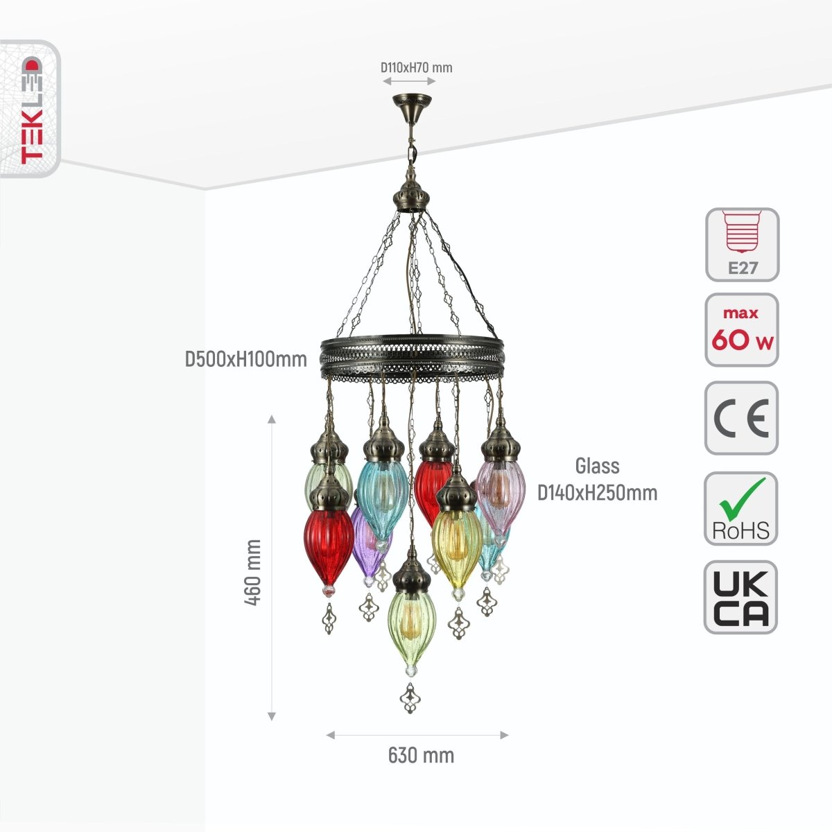 Size and specs of Moroccan Style Antique Brass and Multi Colour Glass Chandelier Pendant Light 9xE27 | TEKLED 158-19562