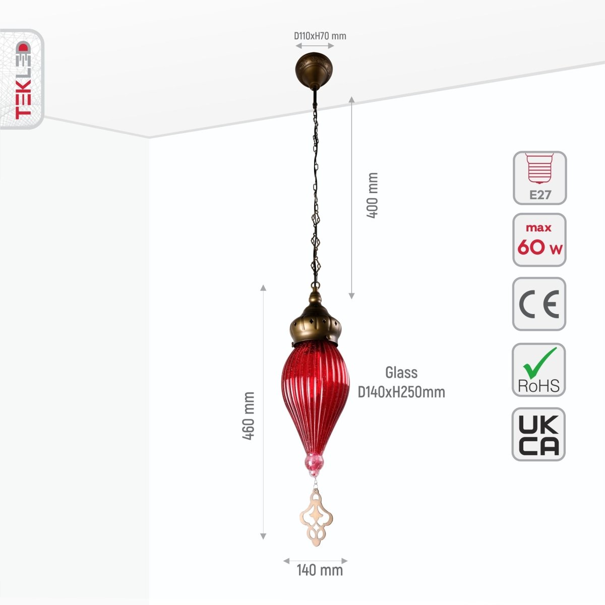 Size and specs of Moroccan Style Antique Brass and Red Glass Pendant Light E27 | TEKLED 158-19558