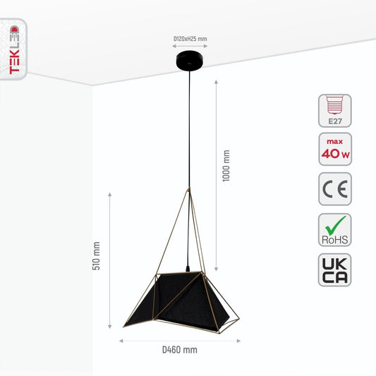 Size and specs of Murcielago Black Metal Pendant Light with E27 Fitting | TEKLED 159-17378