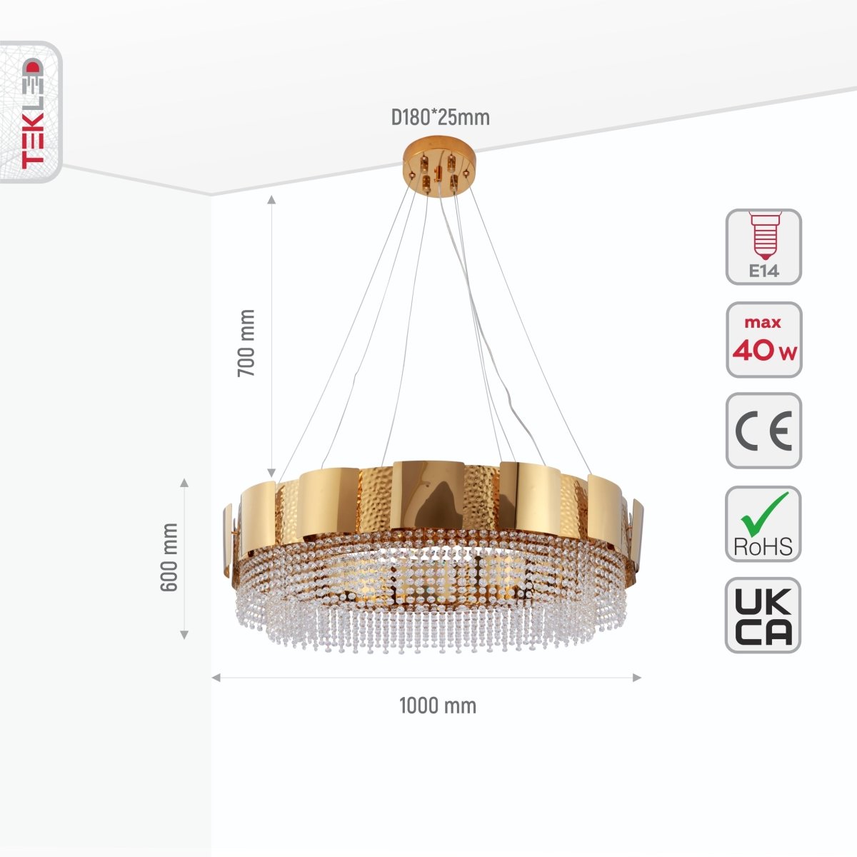 Size and specs of Octagon Crystal Gold Metal Chandelier D1000 with 16xE14 Fitting | TEKLED 156-19580