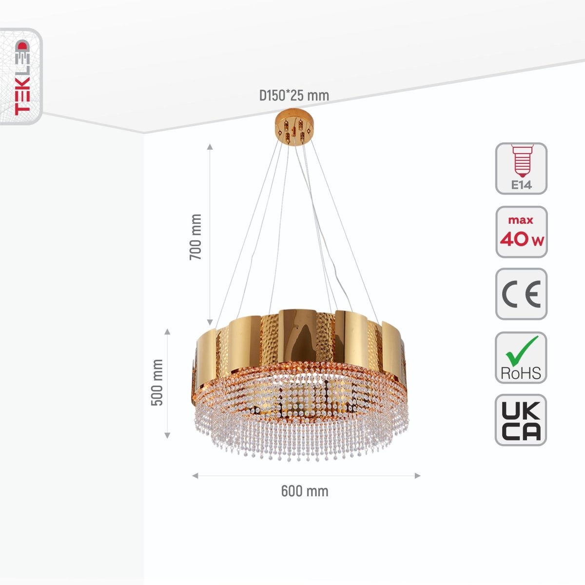 Size and specs of Octagon Crystal Gold Metal Chandelier D600 with 8xE14 Fitting | TEKLED 156-19576