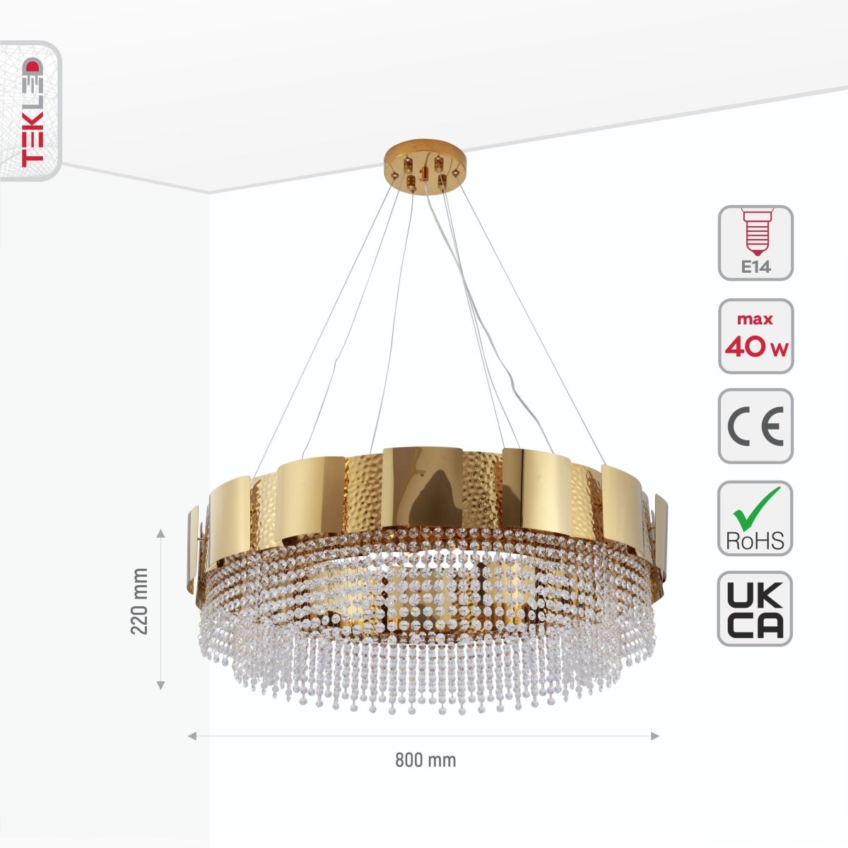 Size and specs of Octagon Crystal Gold Metal Chandelier D800 with 12xE14 Fitting | TEKLED 156-19578