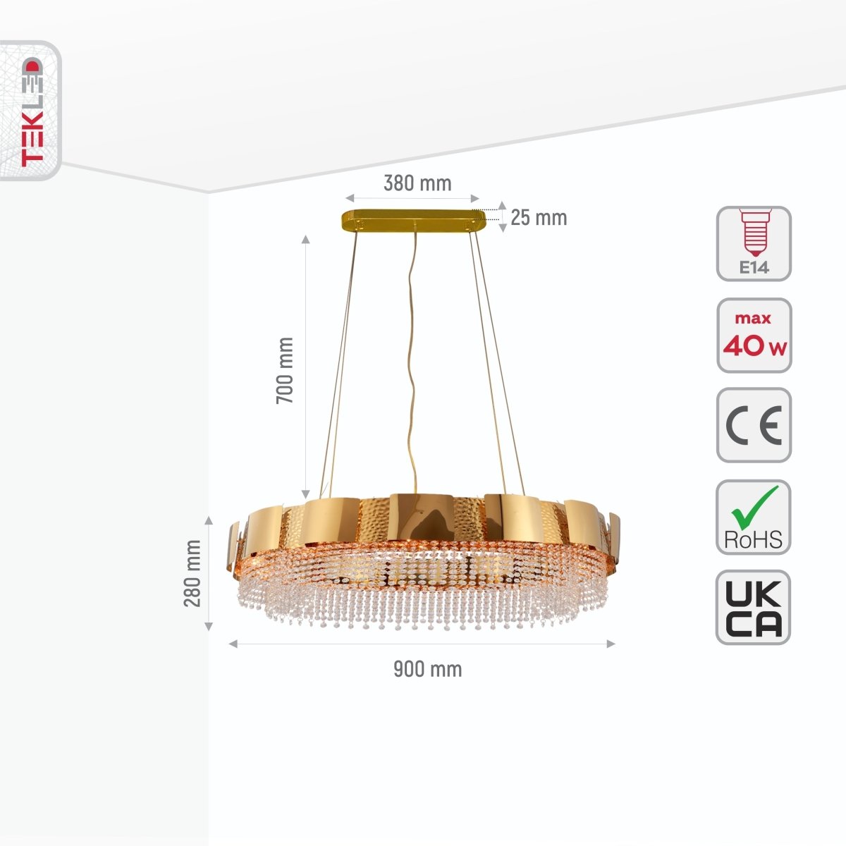 Size and specs of Octagon Crystal Gold Metal Island Chandelier 900x300mm with 8xE14 Fitting | TEKLED 156-19582