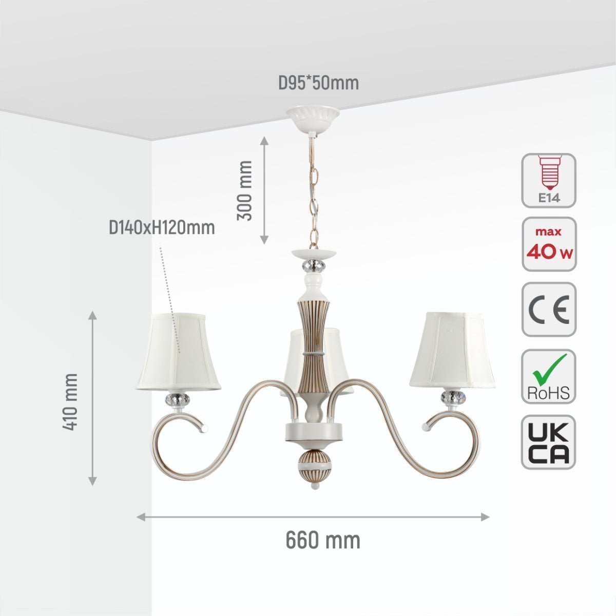TEKLEDClassic ChandeliersOff White Fabric Shaded Gold Aged Ivory Traditional Retro Vintage Classic Chandelier Ceiling Light E14159-178388 Lamp4