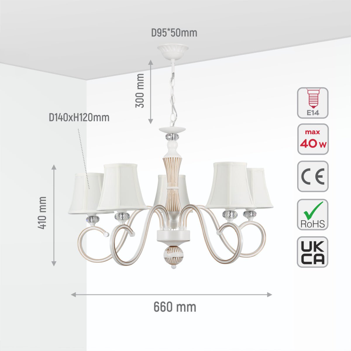 Size and specs of Off White Fabric Shaded Gold Aged Ivory Traditional Retro Vintage Classic Chandelier Ceiling Light with 5xE14 Fitting | TEKLED 159-17836