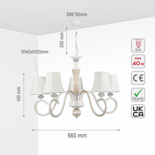 Size and specs of Off White Fabric Shaded Gold Aged Ivory Traditional Retro Vintage Classic Chandelier Ceiling Light with 5xE14 Fitting | TEKLED 159-17836