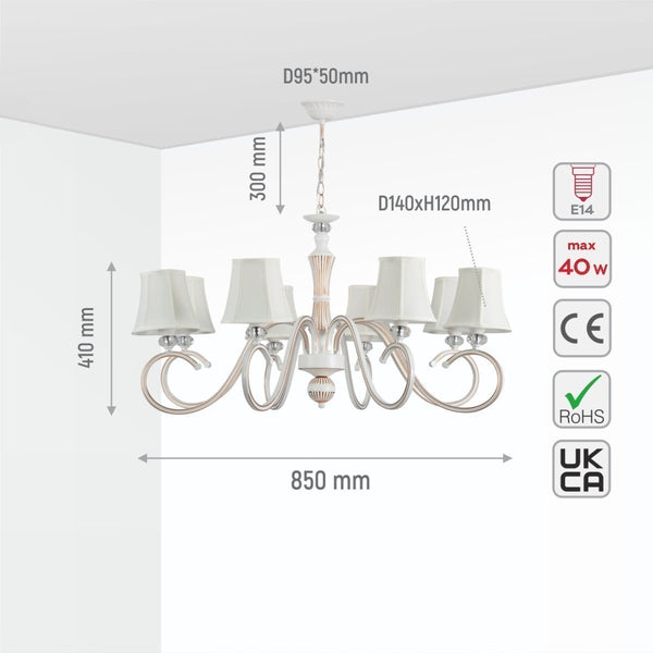size and specs of Off White Fabric Shaded Gold Aged Ivory Traditional Retro Vintage Classic Chandelier Ceiling Light E14 159-178388