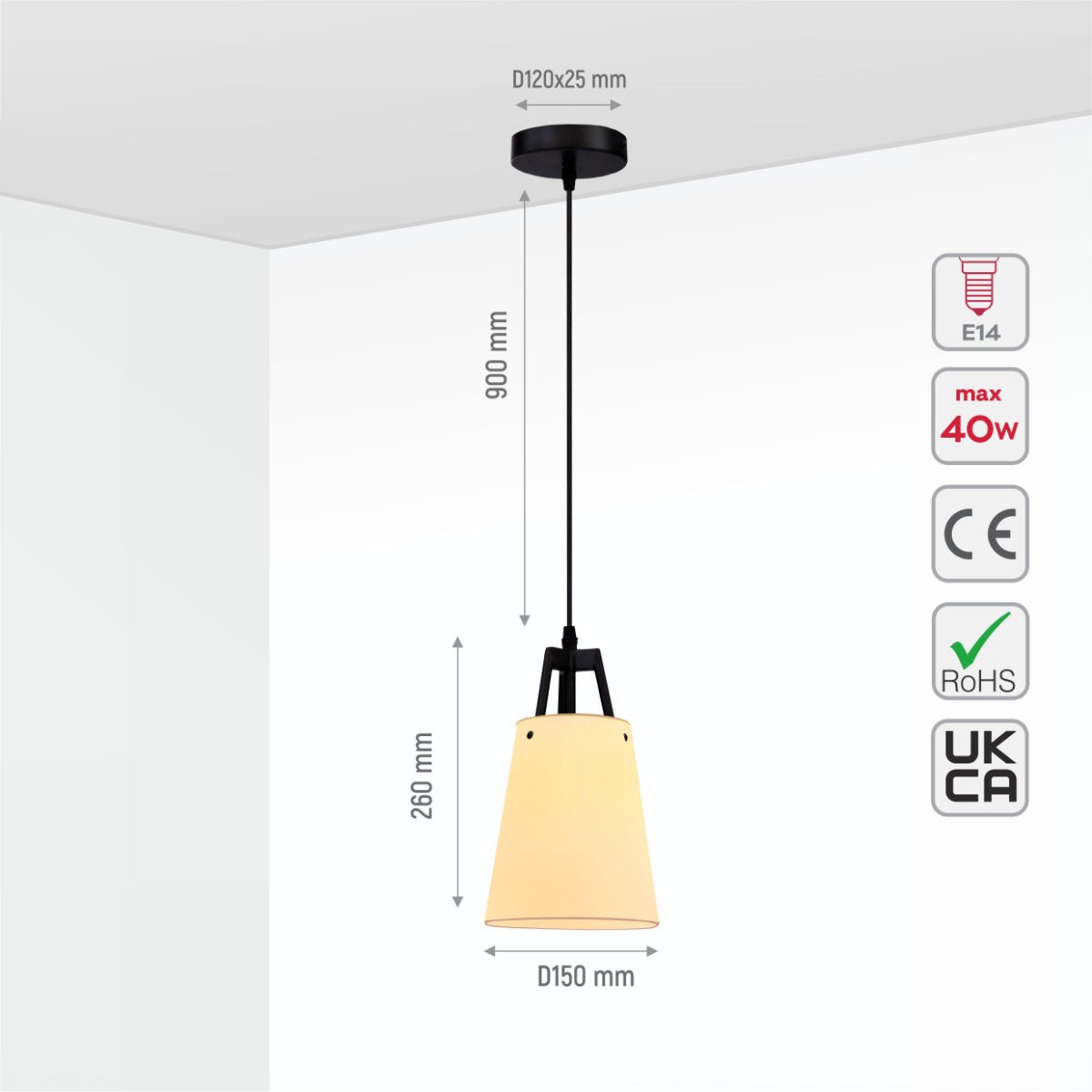 Size and specs of Off White Frustum Fabric Shade Pendant Ceiling Light with E14 Fitting | TEKLED 159-17555