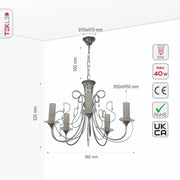 Size and specs of Opal Cylinder Glass Chrome Metal 5 Arm Chandelier with 5xE14 Fitting | TEKLED 158-17816