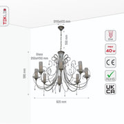 Size and specs of Opal Cylinder Glass Chrome Metal 8 Arm Chandelier with 8xE14 Fitting | TEKLED 158-17818