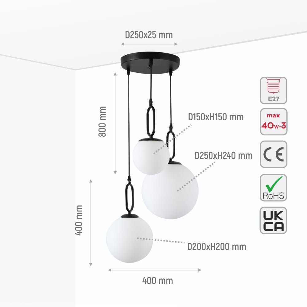 Size and specs of Opal Glass Globes Black Handle 3 Pendant Ceiling Light with E27 Fittings | TEKLED 156-19540