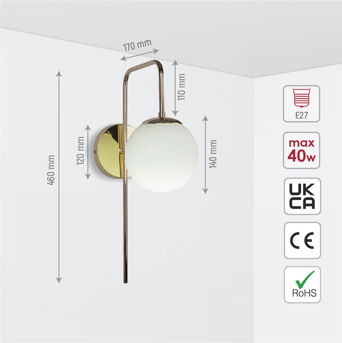 Size and specs of Opal Globe Glass Bronze Cane Metal Downward Wall Light with E27 Fitting | TEKLED 151-19524