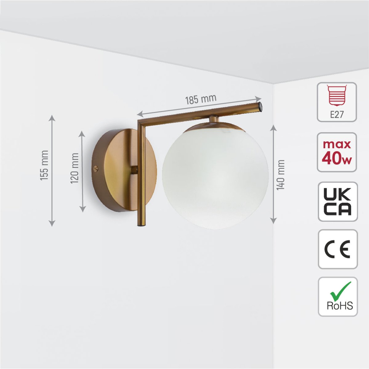 Size and specs of Opal Globe Glass Bronze L Shape Metal Wall Light with E27 Fitting | TEKLED 151-19498