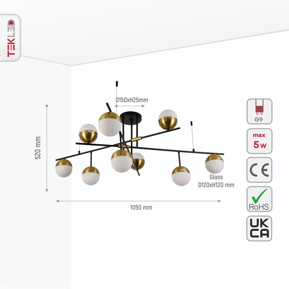 Size and specs of Opal Globe Glass Gold Black Metal Body Modern Nordic Chandelier with 9xG9 Fittings | TEKLED 159-17540