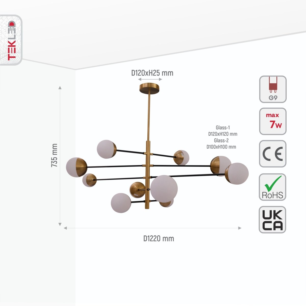 Size and specs of Opal Globe Glass Gold Metal Body Modern Nordic Chandelier with 10xG9 Fittings | TEKLED 159-17538