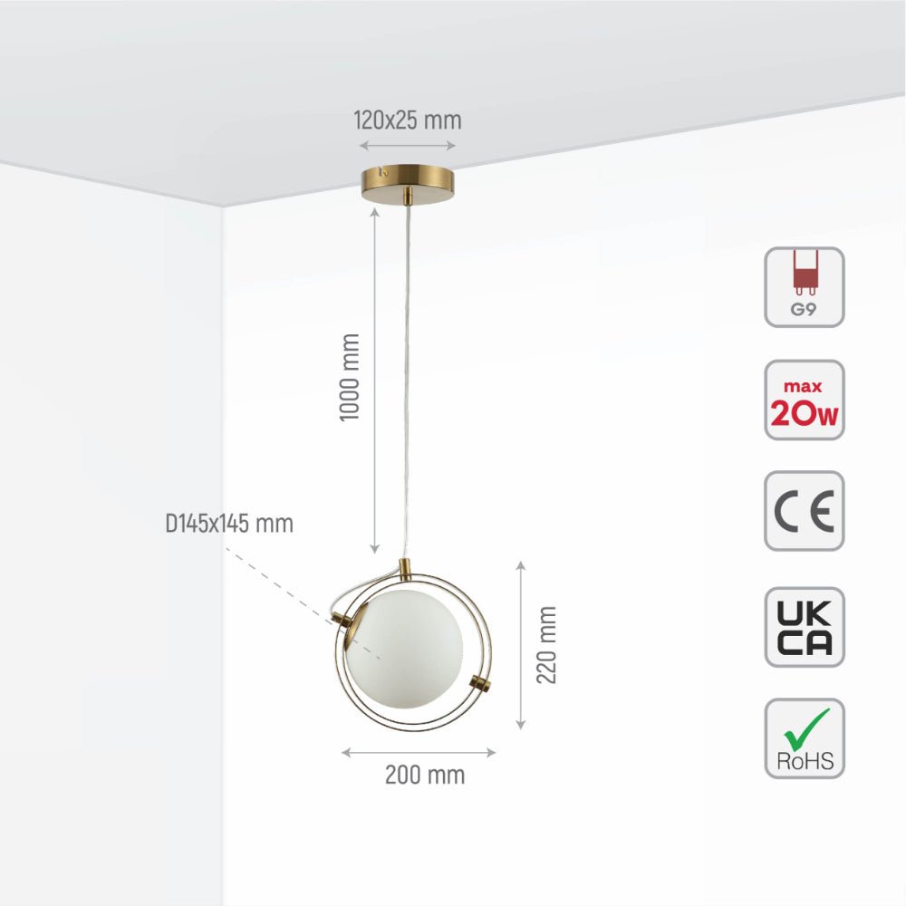 Size and specs of Opal Globe Glass Gold Rings Pendant Ceiling Light D200 with G9 Fitting | TEKLED 158-19594