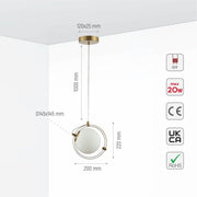 Size and specs of Opal Globe Glass Gold Rings Pendant Ceiling Light D200 with G9 Fitting | TEKLED 158-19594
