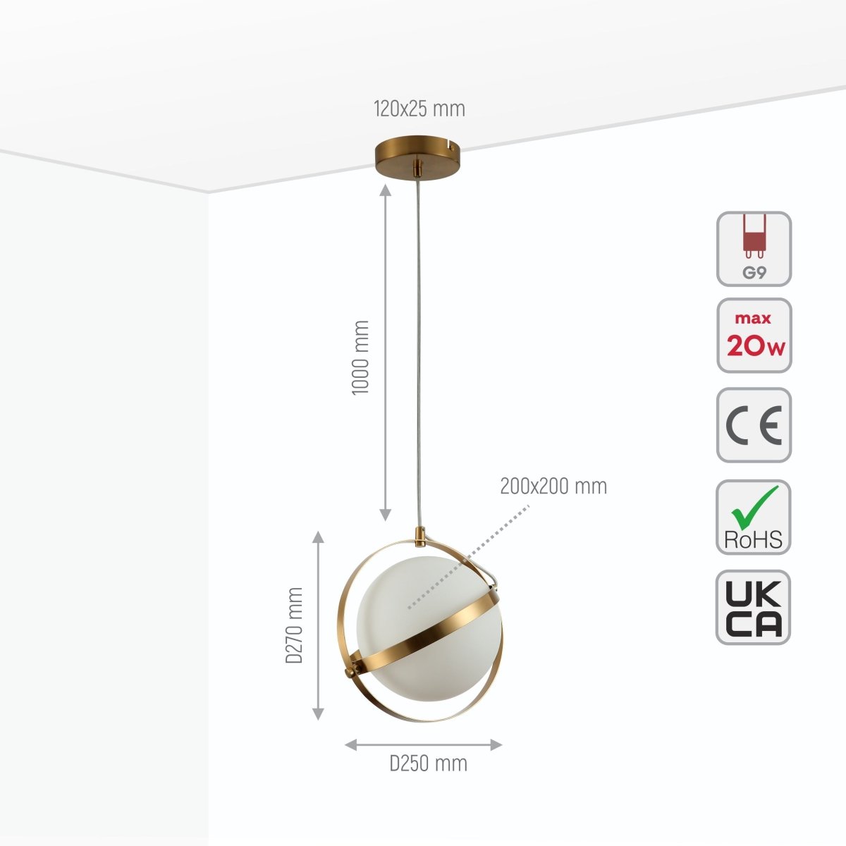 Size and specs of Opal Globe Glass Gold Rings Pendant Ceiling Light D200 with G9 Fitting | TEKLED 158-19596