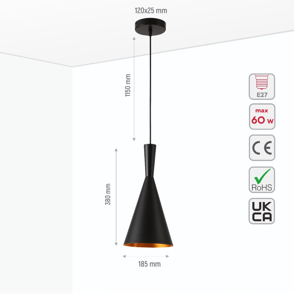 Size and specs of Penn Cone Schoolhouse Orient Flat Black Gold Metal Pendant Ceiling Light E27 | TEKLED 150-17910