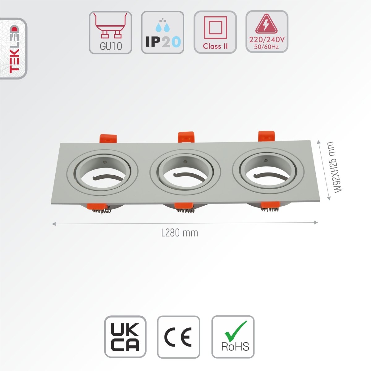 Size and specs of Rectangle Recessed Tilt Downlight White with 3xGU10 Fitting | TEKLED 165-03888
