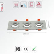 Size and specs of Rectangle Recessed Tilt Downlight White with 3xGU10 Fitting | TEKLED 165-03888