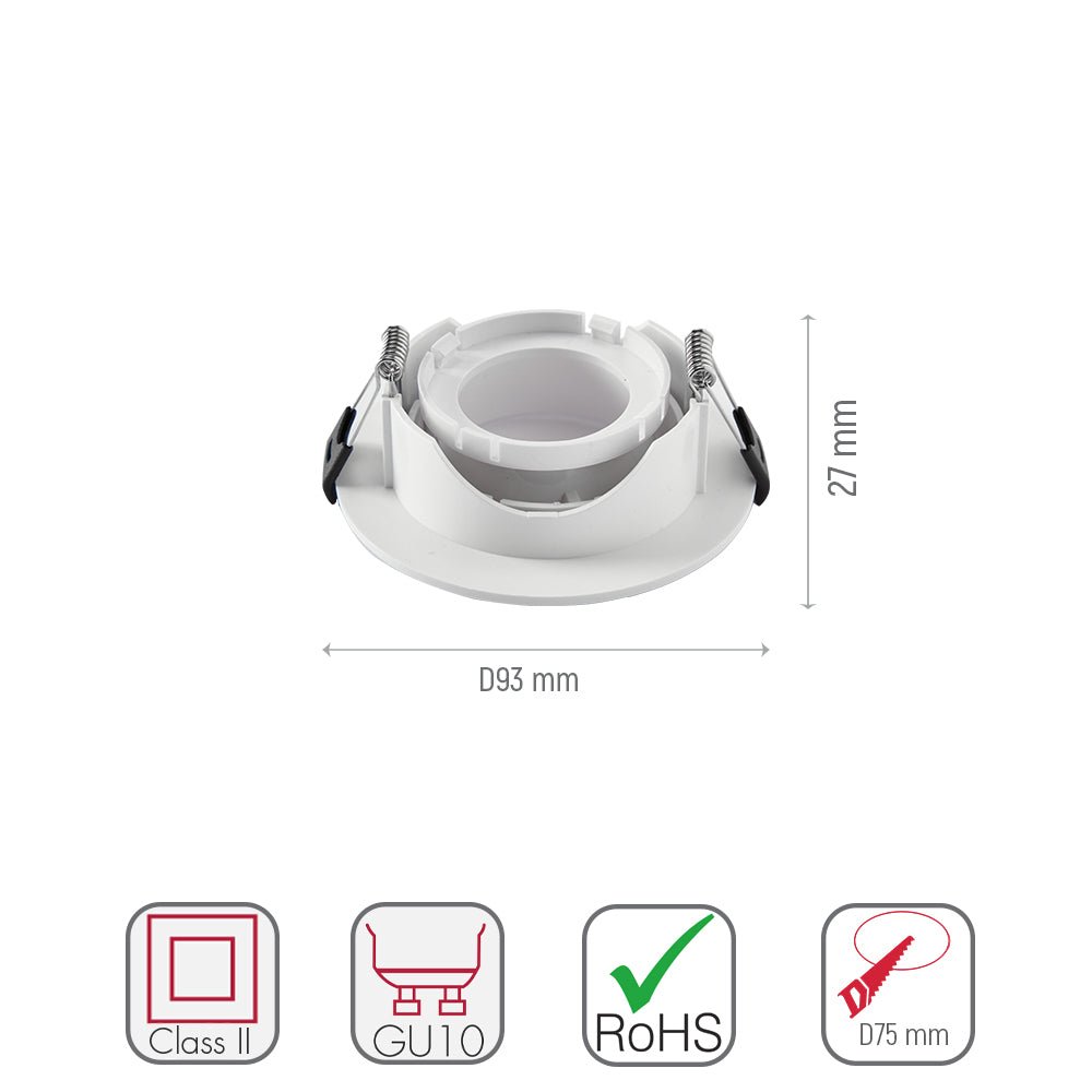 Size and specs of Round Polycarbonate Tilt Recessed Downlight GU10 White or Black | TEKLED 164-03021