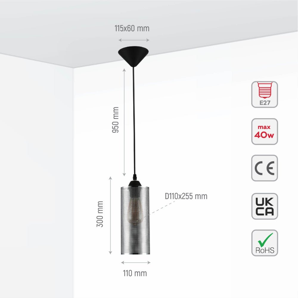 Size and specs of Sieve Chrome Cylinder Metal Pendant Ceiling Light D110 with E27 Fitting | TEKLED 158-19782