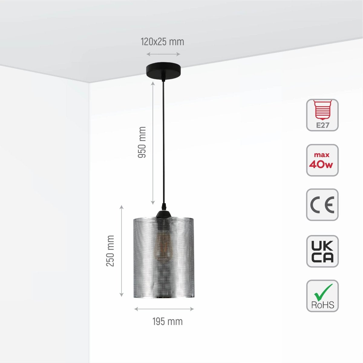 Size and specs of Sieve Chrome Cylinder Metal Pendant Ceiling Light D110 with E27 Fitting | TEKLED 158-19784