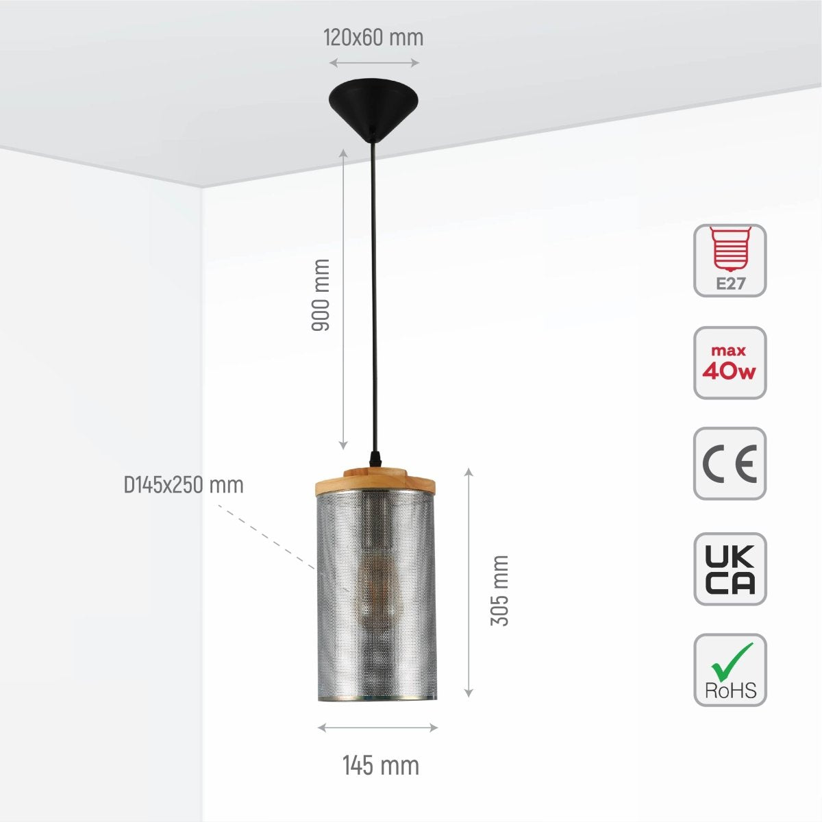 Size and specs of Sieve Chrome Cylinder Metal Pendant Ceiling Light D110 with E27 Fitting | TEKLED 158-19788