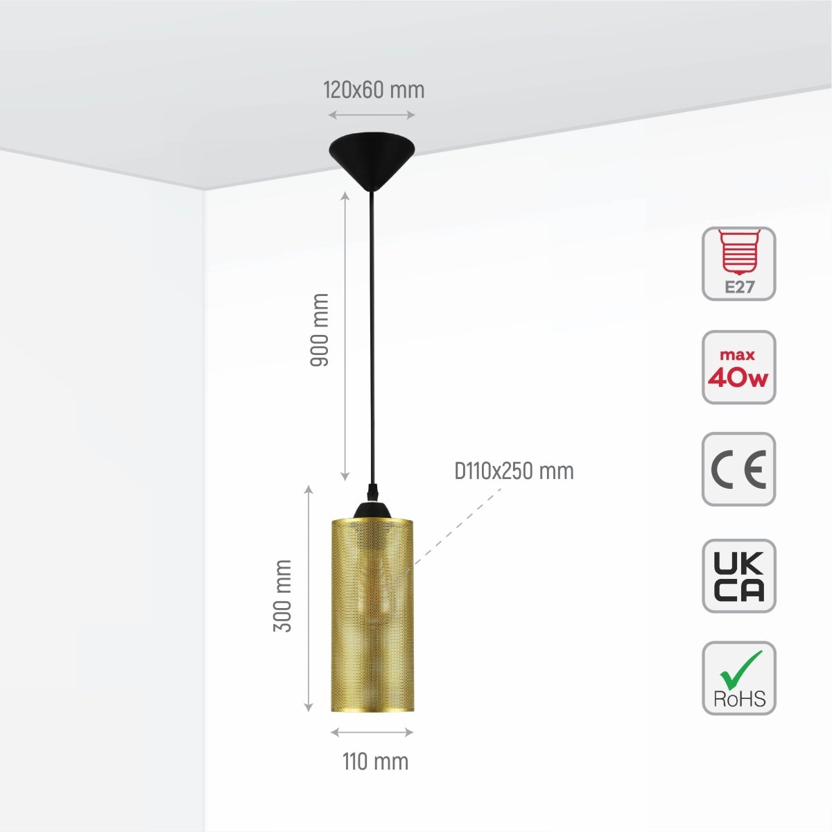 Size and specs of Sieve Chrome Cylinder Metal Pendant Ceiling Light D110 with E27 Fitting | TEKLED 158-19790