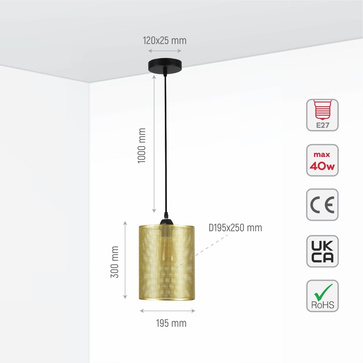 Size and specs of Sieve Chrome Cylinder Metal Pendant Ceiling Light D110 with E27 Fitting | TEKLED 158-19792