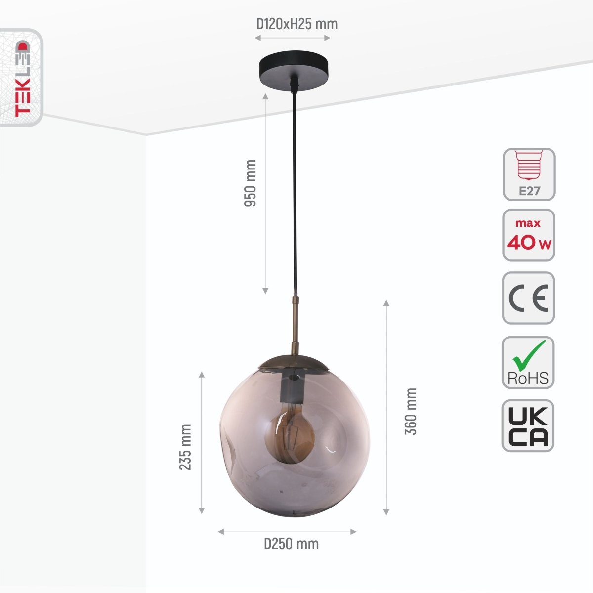 Size and specs of Smoky Glass Crater Pendant Light with E27 Fitting | TEKLED 159-17340
