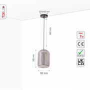 Size and specs of Smoky Glass Cylinder Pendant Light with G9 Fitting | TEKLED 159-17332