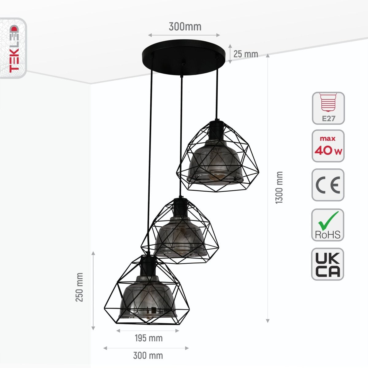 Size and specs of Smoky Glass Dome Black Metal Cage Pendant Light with 3xE27 Fitting | TEKLED 156-19482