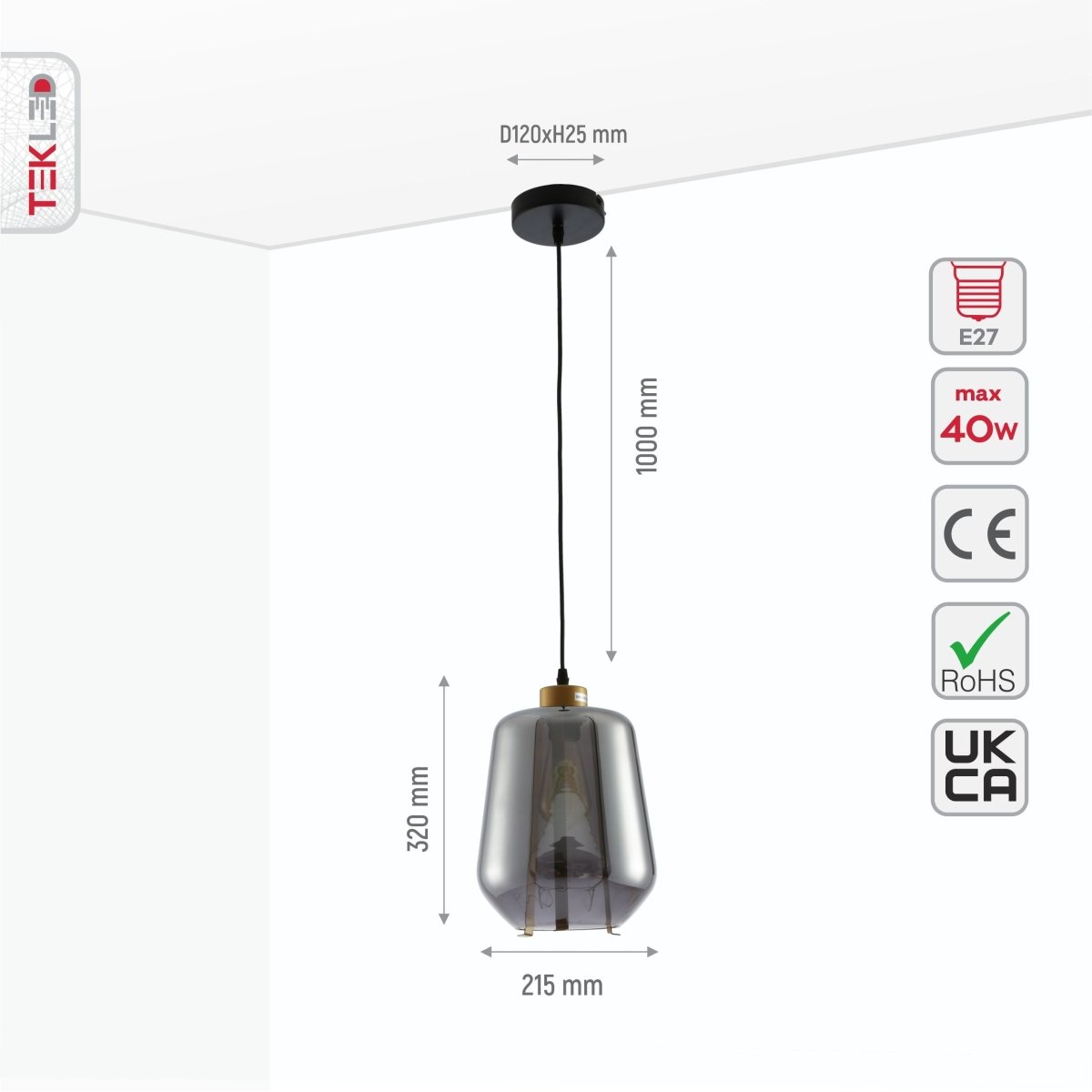 Size and specs of Smoky Glass Schoolhouse Pendant Light with E27 Fitting | TEKLED 159-17348