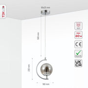 Size and specs of Smoky Globe Glass Crescent Chrome Metal Modern Ceiling Pendant Light E27 | TEKLED 159-17798