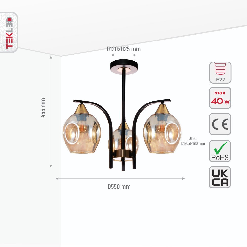 Size and specs of Snowdrop Amber Glass Black Body Semi Flush Ceiling Light with 3xE27 Fittings | TEKLED 159-17420