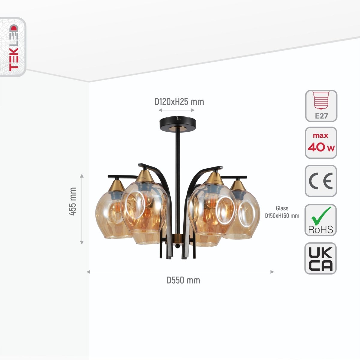 Size and specs of Snowdrop Amber Glass Black Body Semi Flush Ceiling Light with 6xE27 Fittings | TEKLED 159-17422