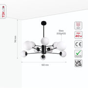 Size and specs of Snowflake Opal Globe Glass Black Body Ceiling Light with 10xE27 Fittings | TEKLED 159-17424