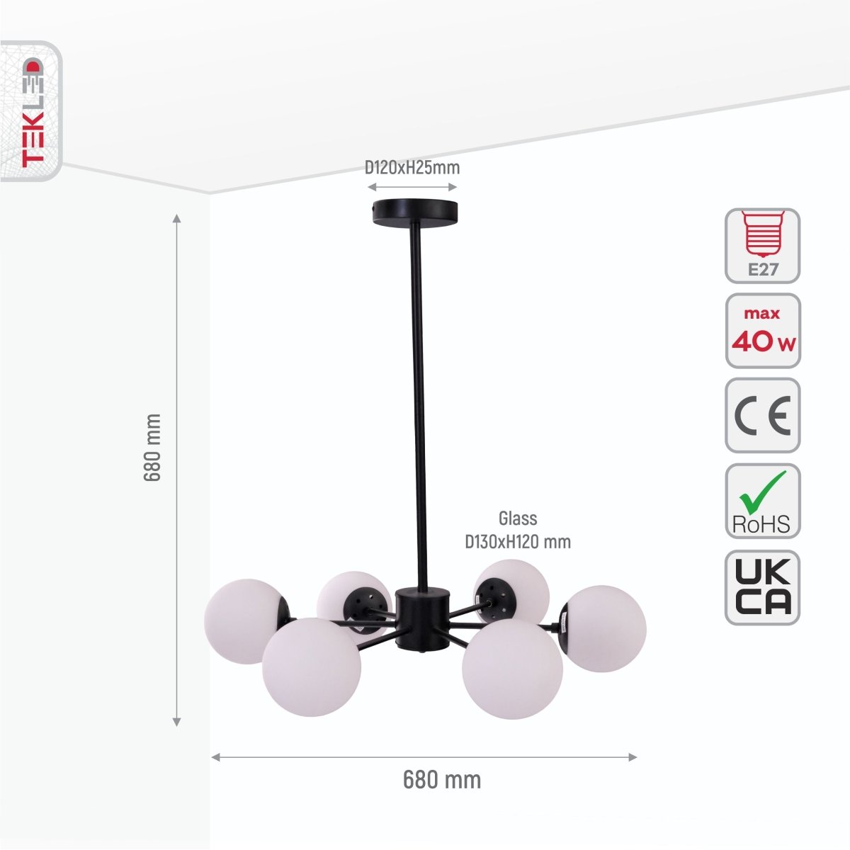 Size and specs of Snowflake Opal Globe Glass Black Body Ceiling Light with 6xE27 Fittings | TEKLED 159-17423