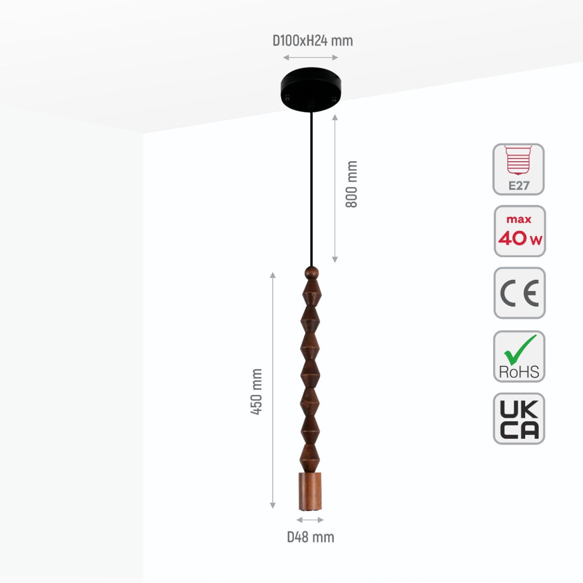 Size and specs of Stone Balance 2 Wood Stack Pendant Ceiling Light with E27 | TEKLED 150-17900