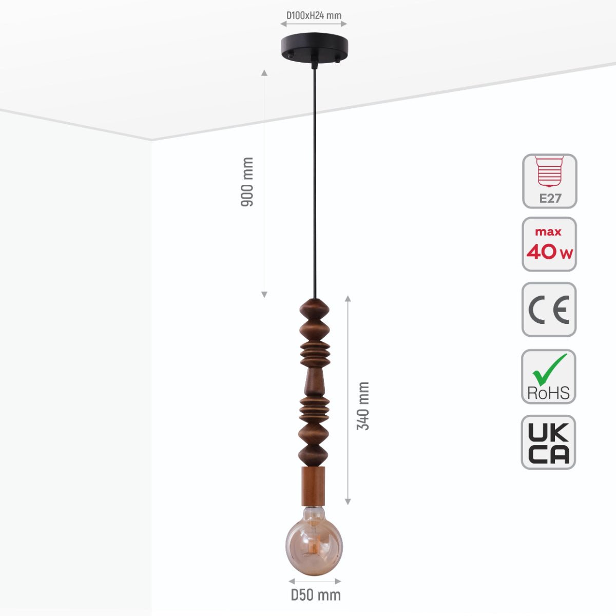 Size and specs of Stone Balance 3 Wood Short Stack Pendant Ceiling Light with E27 | TEKLED 150-17904
