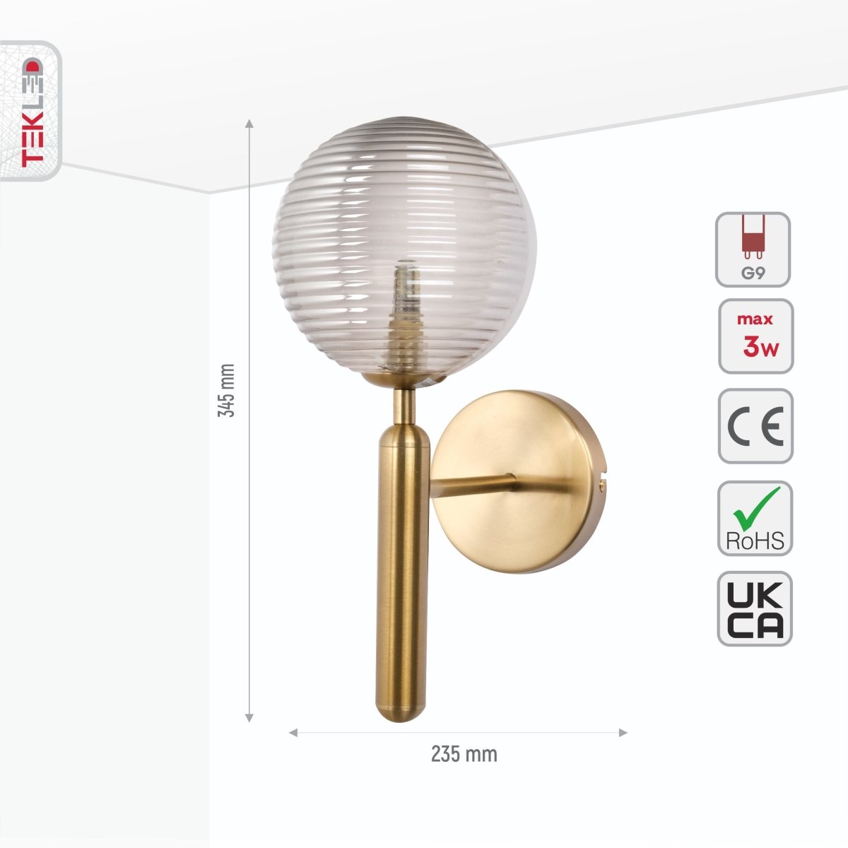 Size and specs of Striped Glass Gold Metal Wall Light with G9 Fitting | TEKLED 151-19722