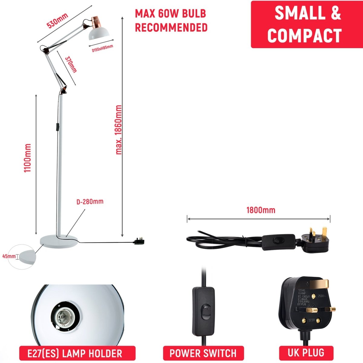 Size and specs of Swing Arm Architect Model Floor Lamp E27 White and Copper | TEKLED 130-03347